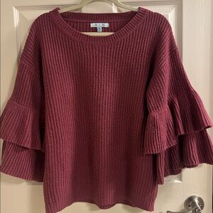 She + Sky Burgundy Sweater with Ruffled Sleeves